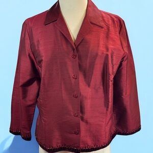 Ann Taylor Shantung SILK Maroon Sequin Velvet Trim Blouse Jacket Shirt sz 10